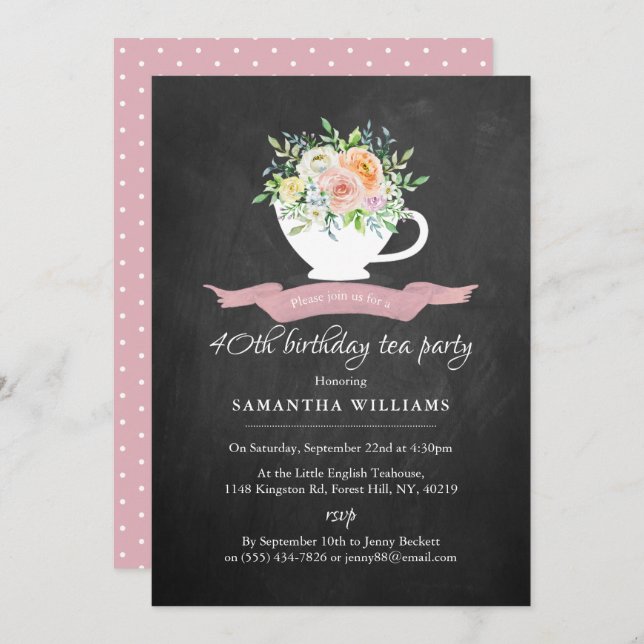 Invitación Chalkboard Floral Teacup Birthday Tea Fiesta (Anverso / Reverso)