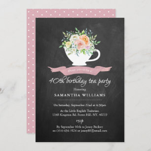 Invitación Chalkboard Floral Teacup Birthday Tea Fiesta
