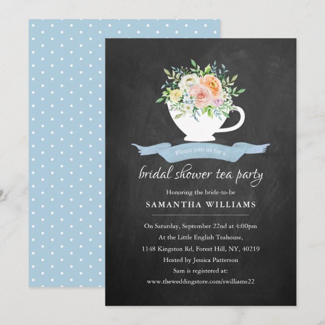 Invitación Chalkboard Floral Teacup Bridal Shower Tea Fiesta (Anverso / Reverso)