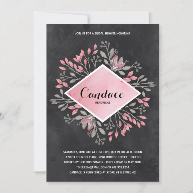 Invitación Chalkboard Florals| Ducha nupcial acuarela (Anverso)