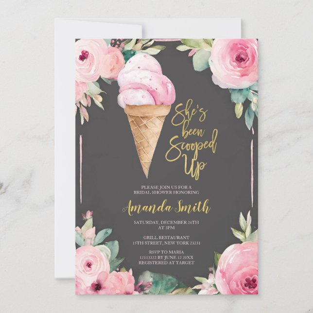 Invitación Chalkboard Flores rosadas Ducha de novias de veran (Anverso)