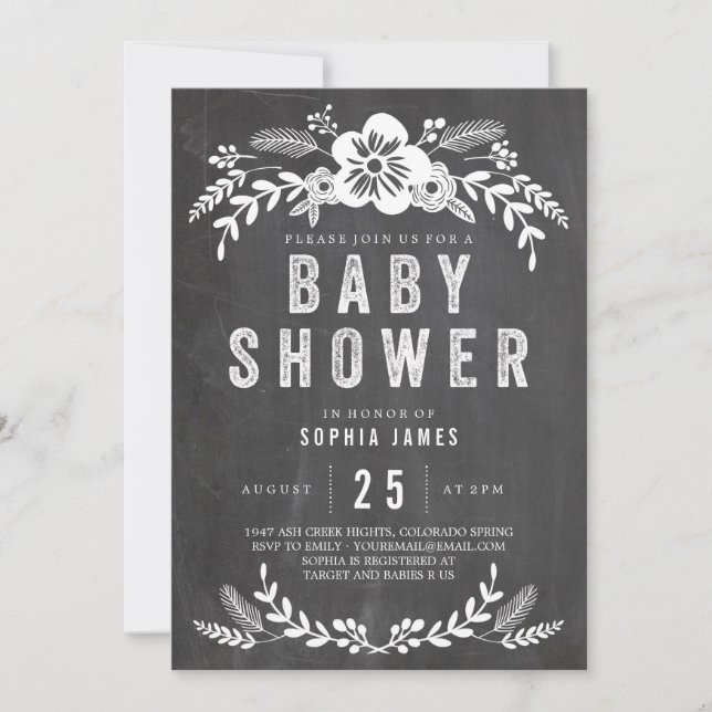 Invitación Chalkboard Flowers Baby Shower (Anverso)