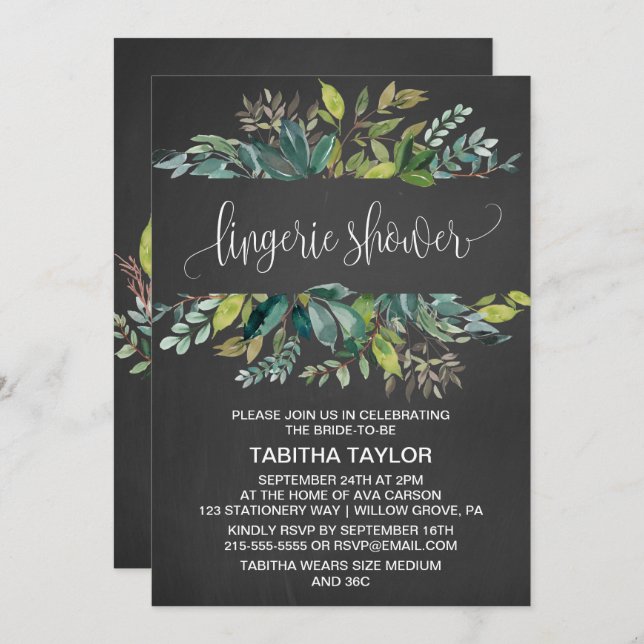 Invitación Chalkboard Foliage Lingerie Shower (Anverso / Reverso)