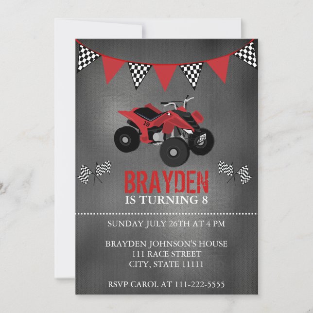 Invitación Chalkboard Four Wheeler, ATV Birthday Invitation (Anverso)
