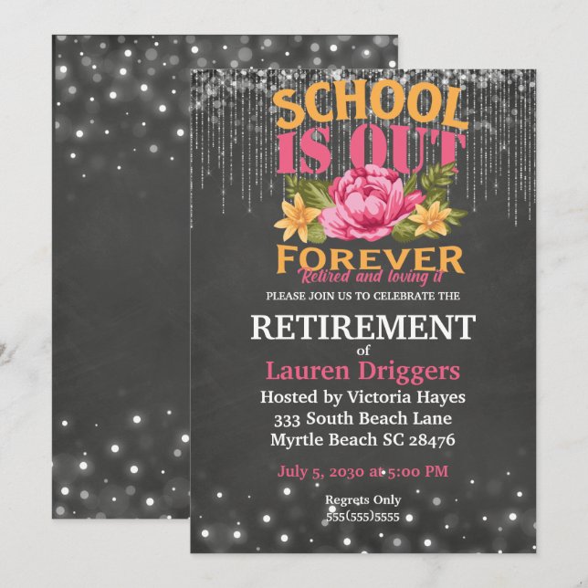 Invitación Chalkboard Funny Teacher Floral Retirement (Anverso / Reverso)