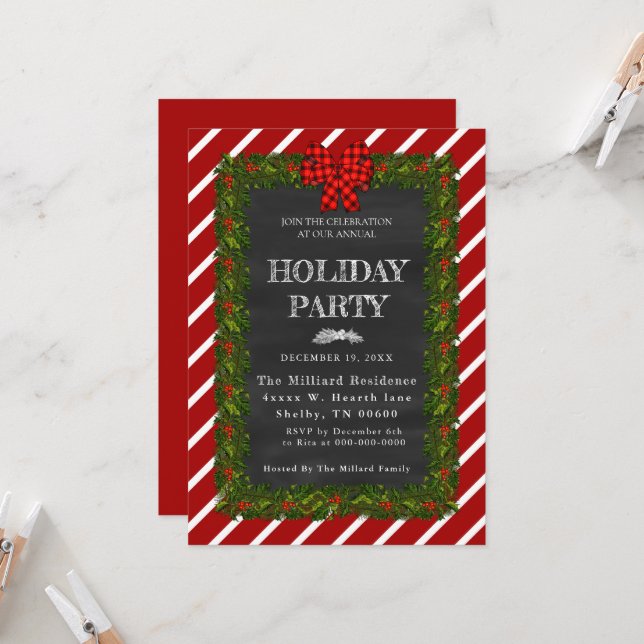 Invitación Chalkboard Garland Y Fiesta De Vacaciones A Rayas (Anverso/Reverso In Situ)