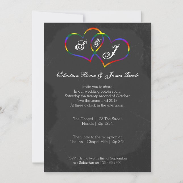 Invitación Chalkboard Gay Orgullo Arcoiris Boda de Doodle (Anverso)