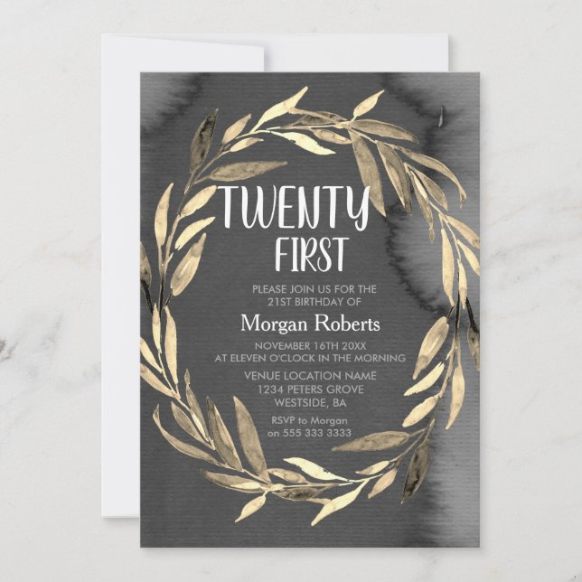 Invitación Chalkboard Gold Leaf Wreath 21st Birthday Fiesta (Anverso)