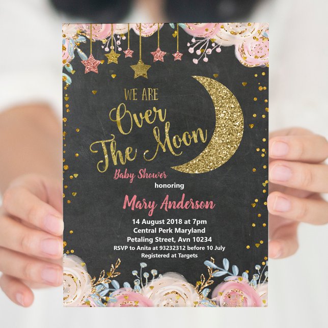 Invitación Chalkboard Gold Moon Baby Shower para chica (Subido por el creador)