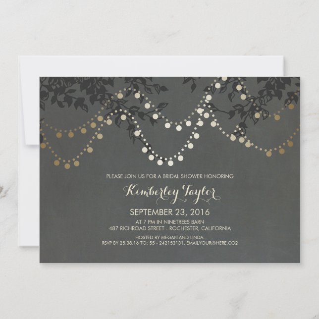 Invitación Chalkboard Gold String Luces Brillantes Shower (Anverso)