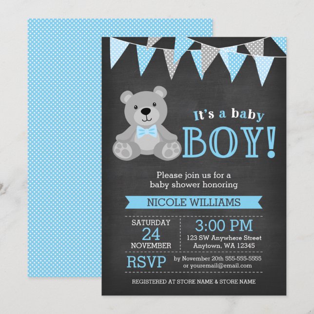 Invitación Chalkboard Gray Teddy Bear Boy Baby Shower (Anverso / Reverso)