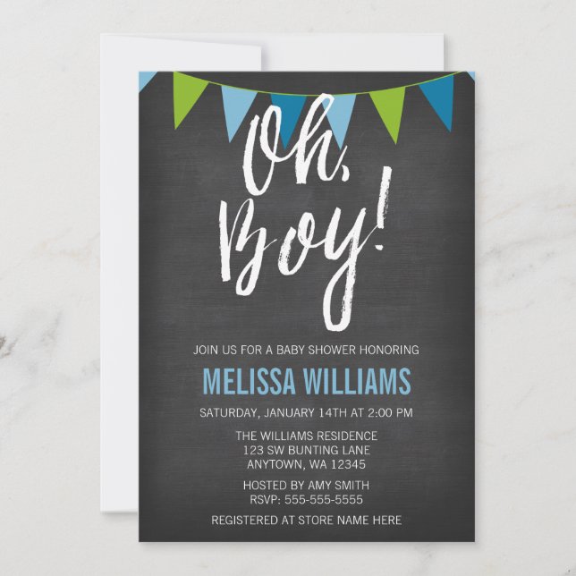 Invitación Chalkboard Green Blue Bunting Boy Baby Shower (Anverso)