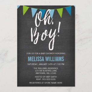 Invitación Chalkboard Green Blue Bunting Boy Baby Shower
