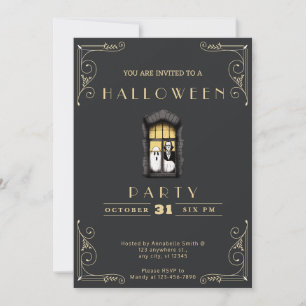 Invitación Chalkboard Halloween con vampiros negros y dorados