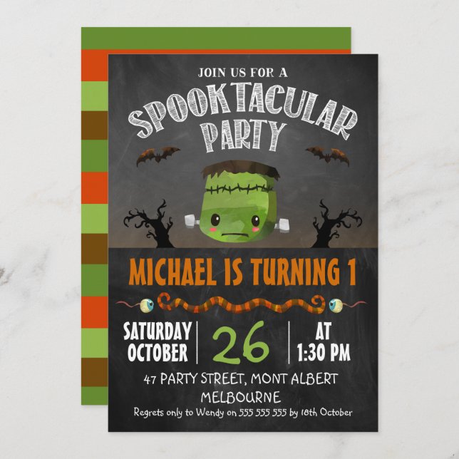 Invitación Chalkboard Halloween Frankenstein Birthday (Anverso / Reverso)