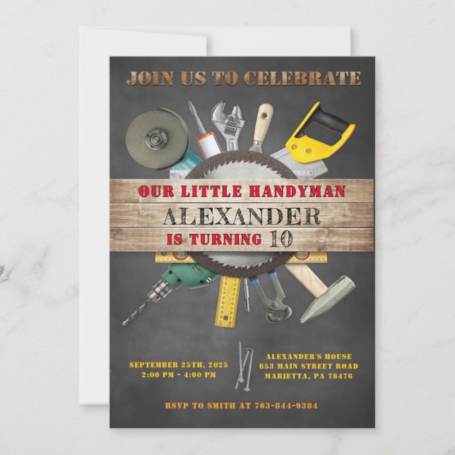 Invitación Chalkboard Handyman Tools and Gadgets Cumpleaños (Anverso)