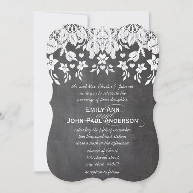 Invitación Chalkboard Hearts and Lace Elegant Wedding (Anverso)