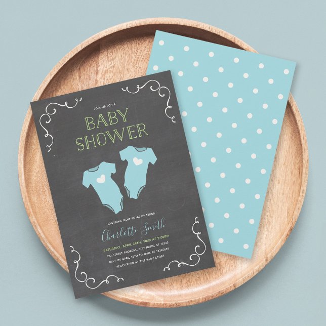 Invitación Chalkboard Hearts Twin Boys Blue Baby Shower (Subido por el creador)