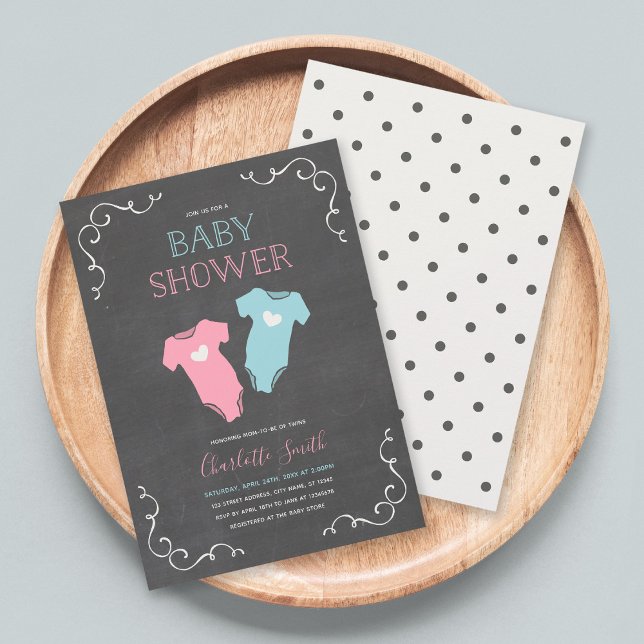 Invitación Chalkboard Hearts Twins Boy y Chica Baby Shower (Subido por el creador)