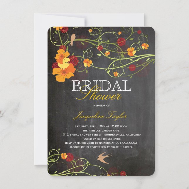 Invitación Chalkboard Hibiscus Floral Birds Bridal Shower (Anverso)