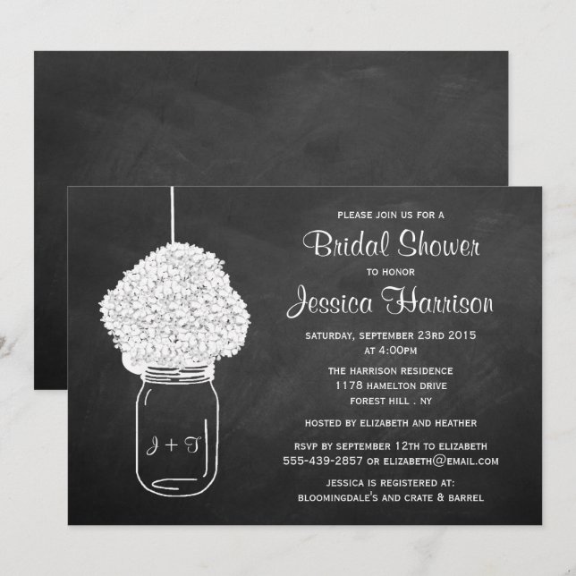 Invitación Chalkboard Hydrangea Mason Jar Bridal Shower (Anverso / Reverso)