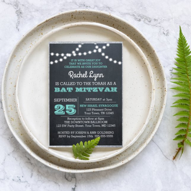 Invitación Chalkboard Ilumina la Verde azulada Bat Mitzvah (Subido por el creador)