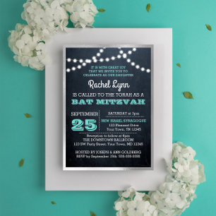 Invitación Chalkboard Ilumina Verde azulada plata textura bat