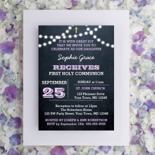 Invitación Chalkboard Ilustra Lilac Primera Comunión Santa