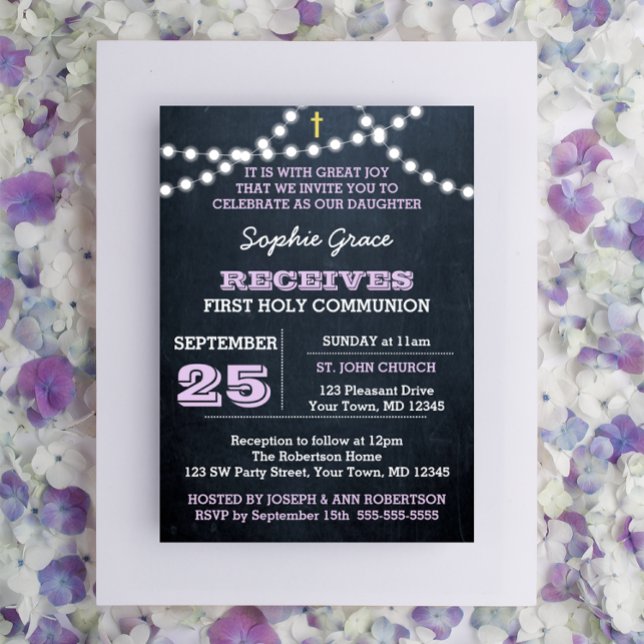 Invitación Chalkboard Ilustra Lilac Primera Comunión Santa (Subido por el creador)