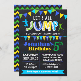 Invitación Chalkboard Jump cumpleaños trampoline fiesta azul