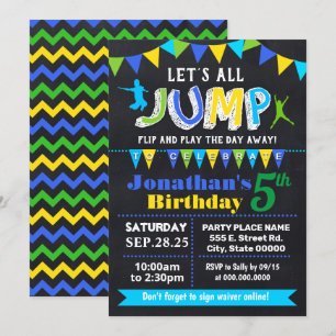 Invitación Chalkboard Jump cumpleaños trampoline fiesta azul
