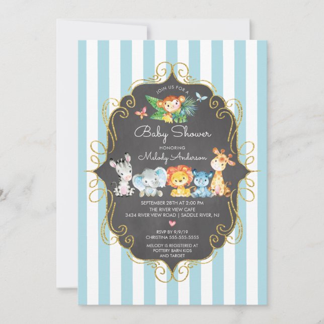 Invitación Chalkboard Jungle Animals Boys Baby Shower (Anverso)
