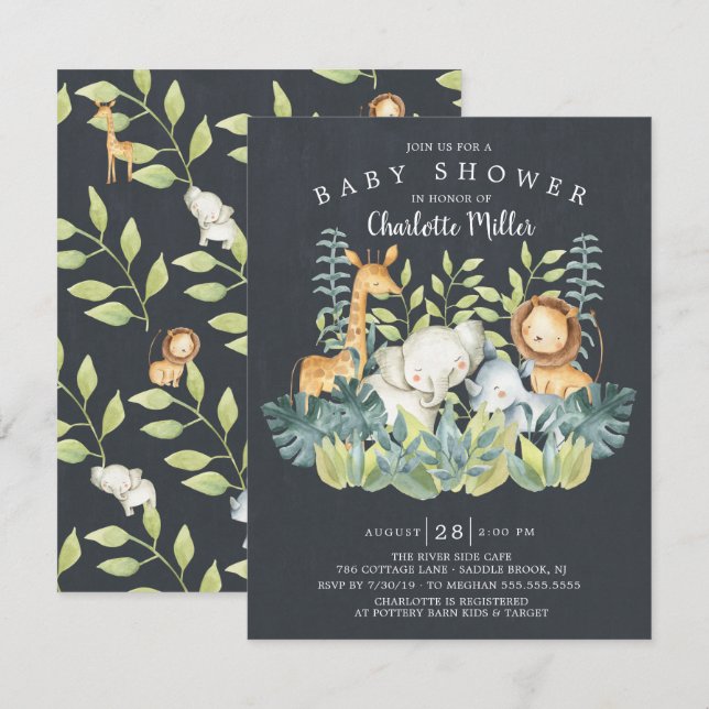 Invitación Chalkboard Jungle Animals Neutral Baby Shower (Anverso / Reverso)