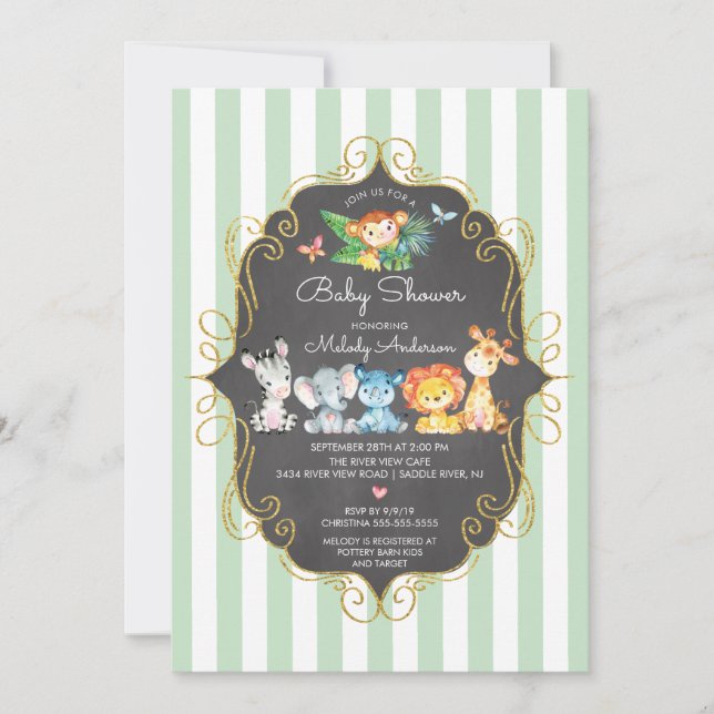 Invitación Chalkboard Jungle Animals Neutral Baby Shower (Anverso)