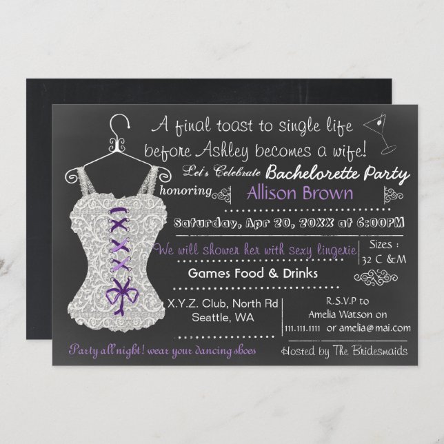 Invitación Chalkboard Lace Lingerie Shower Bachelorette (Anverso / Reverso)