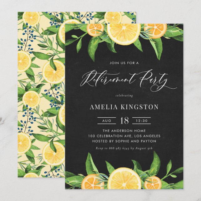 Invitación Chalkboard Lemons y Naranjas Fiesta de Jubilación (Anverso / Reverso)