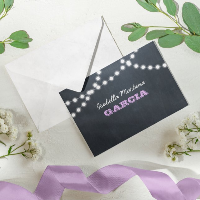Invitación Chalkboard Lights Lilac Quinceañera Note Card (Subido por el creador)
