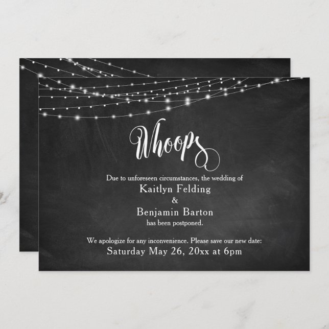 Invitación Chalkboard & Lights postergó "Whoops" Boda (Anverso / Reverso)