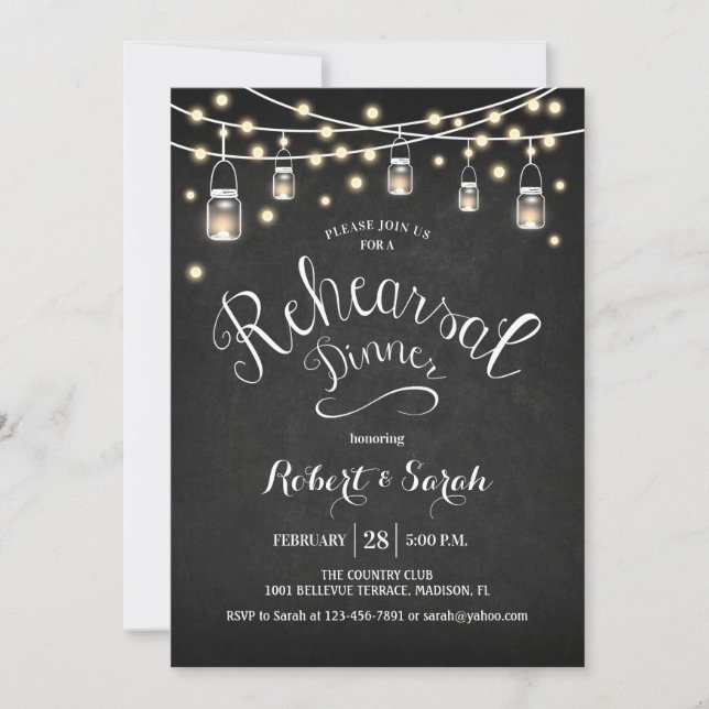 Invitación Chalkboard & Lights Rehearner Dinner (Anverso)