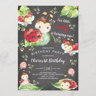 Invitación Chalkboard Little Lady Ladybug Primer cumpleaños