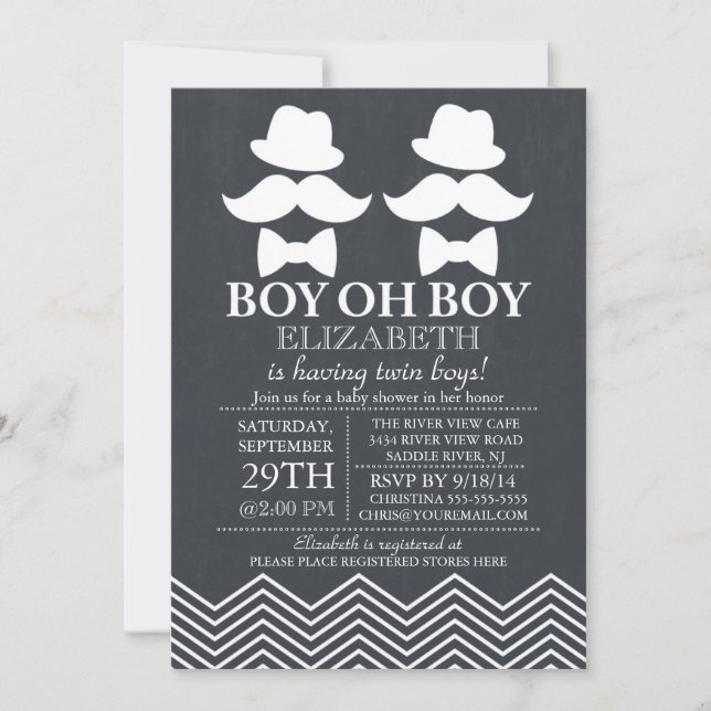 Invitación Chalkboard Little Man Mustache TWINS Baby Shower (Anverso)