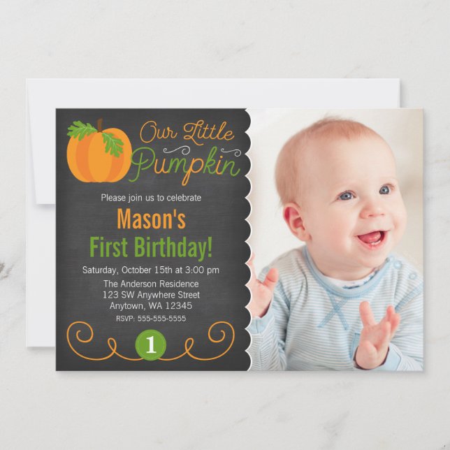 Invitación Chalkboard Little Pumpkin Green Naranja Cumpleaños (Anverso)