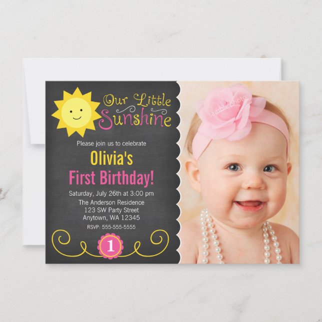 Invitación Chalkboard Little Sunshine Pink Yellow Birday (Anverso)