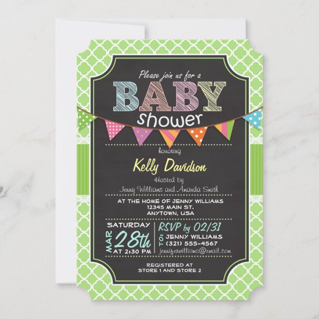 Invitación Chalkboard look Baby Shower; Lime Green Quatrefoil (Anverso)