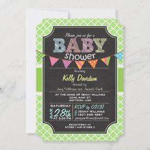Invitación Chalkboard look Baby Shower; Lime Green Quatrefoil