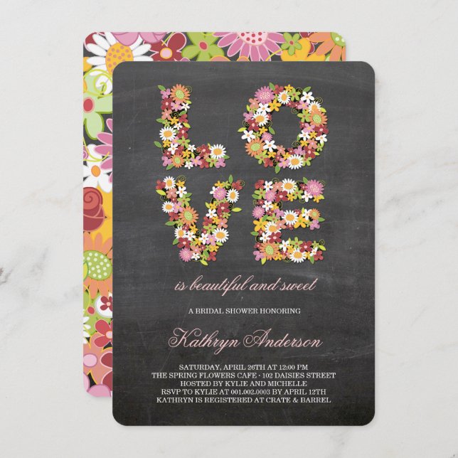 Invitación Chalkboard LOVE Flowers Bloom Bridal Shower Invite (Anverso / Reverso)