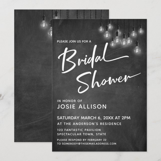 Invitación Chalkboard Luces Edison Despedida de Soltera Moder (Anverso / Reverso)