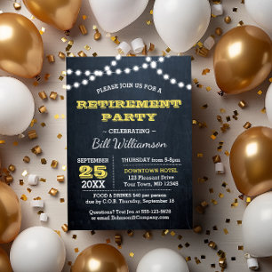 Invitación Chalkboard Luces Fiesta de Jubilación Gold