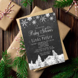 Invitación Chalkboard maravillas baby shower rústico de invie<br><div class="desc">Plantilla de invitación elegante y chic de invierno con estilo rústico de campo para baby shower con bordes de copos de nieve blancos, nieve cayendo y paisaje de bosque de pinos en fondo oscuro de pizarra gris carbón. Rellene su información en los espacios, puede elegir personalizarlo aún más cambiando las...</div>
