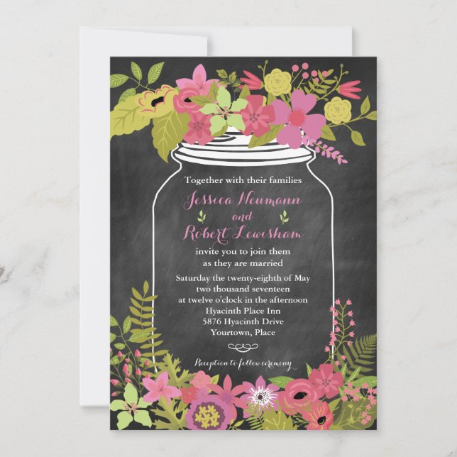 Invitación Chalkboard Mason Jar Coral Boda Floral Rosa (Anverso)